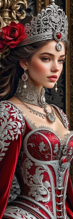 An ornate automatonupperbody, girl 19 yo, baroque embellishments, delicate filigree, silver and crimson accents, high-resolution, regal mechanical complexity, intricate silver textures.