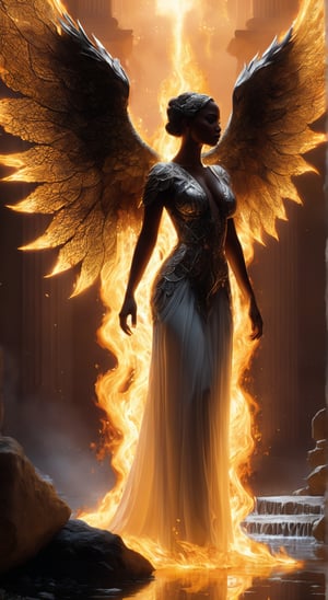 In a garden of fire and crystal, white, stands a breathtakingly beautiful woman. Intricate lattices of molten gold can be seen molded directly into her pearly white skin. This second skin, a blend of grace and brutality, glows with an inner light and reflects the desolate landscape around it. It frames her silhouette in the darkening light. Huge wings of fire, silhouettes, long shadows, beautiful sky, beautiful cape, reflections, black bodysuit,