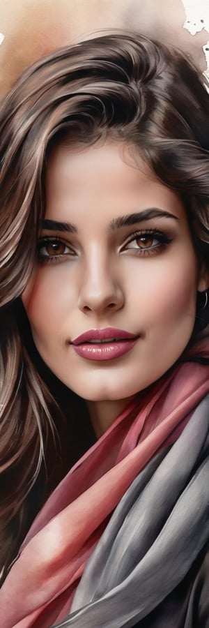 Hyper realistic image of a 25-year-old Mediterranean beauty, her dark chestnut hair flowing freely, adorned with a slender silk scarf. Her deep hazel eyes are highlighted by subtle smoky makeup, and her full, rose-tinted lips part slightly in a whisper of a smile. The portrait captures her in a minimalist style, with bold charcoal lines and splashes of watercolor in earthy tones