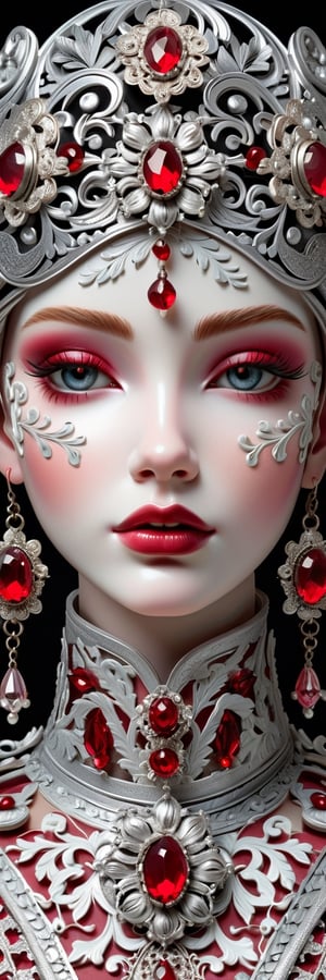 An ornate automaton face, girl 19 yo, baroque embellishments, delicate filigree, silver and crimson accents, high-resolution, regal mechanical complexity, intricate silver textures.