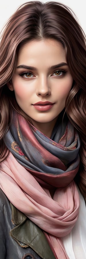 Hyper realistic image of a 25-year-old Mediterranean beauty, her dark chestnut hair flowing freely, adorned with a slender silk scarf. Her deep hazel eyes are highlighted by subtle smoky makeup, and her full, rose-tinted lips part slightly in a whisper of a smile. The portrait captures her in a minimalist style, with bold charcoal lines and splashes of watercolor in earthy tones