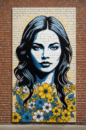 woman, flowers, stencil art, style Shepard Fairey, highly detailed, brick wall, white black blue yellow
