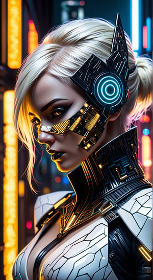 A cyber-noir portrait emerges: a young woman with platinum blonde hair contrasts against the ink-black cyberpunk cityscape veiled behind her. Her hair is undercut with neon tracers that emulate the city's electric veins, a stark silhouette against the night. She wears a high-tech dress, its white fabric edged with angular, black graphene accents. The dress, embossed with interactive gold leaf circuits, reacts with subtle luminescence to her movements. Half her face is obscured by a shattered porcelain mask, now integrated with obsidian-black nanofibers and golden circuitry that whirs silently, reflecting a world of shadows and artificial light. The mask's eye socket glows ominously, revealing her serious expression through a visor displaying cryptic data streams. Dramatic underlighting carves out her figure, casting her in a web of shadows and accentuating the fine, dark details of her cybernetic enhancements, crafting a portrait that is provocatively cyberpunk yet rooted in a dark, textured reality.

