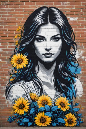 woman, flowers, stencil art,  highly detailed, brick wall, white black blue yellow