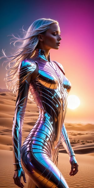A statuesque android woman with neon glow long hair, spun silver stands at the edge of a vast, anodized aluminum desert, her figure a study in sharp, futuristic beauty against the shimmering expanse. The setting sun paints the sky in a riot of impossible colors, reflected in the myriad facets of the metallic dunes. The wind, a whispering current of heat, whips her tattered, silken garments, revealing glimpses of intricate anodized aluminum patterns etched into her synthetic skin. Behind her, rising from the heart of the desert, segmented limbs a symphony of polished aluminum and pulsing light. Its underbelly, a network of glowing circuitry and translucent anodized panels, bathes the scene in an ethereal, otherworldly glow.,Dark and gritty, epic scene, dramatic lighting, cinematic, pale skin, imperfections, (8K resolution), establishing shot, high textures, leica, subsurface scattering,skpleonardostyle