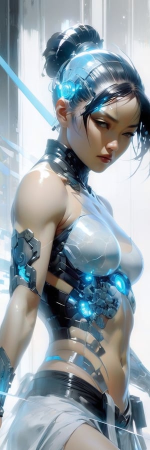 Cyborg woman Moa Kikuchi, transparent body, fractured, muscles torn, captured in a digital painting  styles of Jeremy Mann, transparent cinematic hologram, internal glow showcasing muscle tissue, nerves, resembling a gynoid with the whimsy of Samurai and mythical charm, Makoto Shinkai's layer of depth
,crystal_clear,SelectiveColorStyle,art_booster