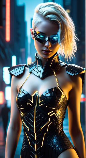 A cyber-noir portrait emerges: a young woman with platinum blonde hair contrasts against the ink-black cyberpunk cityscape veiled behind her. Her hair is undercut with neon tracers that emulate the city's electric veins, a stark silhouette against the night. She wears a high-tech dress, its white fabric edged with angular, black graphene accents. The dress, embossed with interactive gold leaf circuits, reacts with subtle luminescence to her movements. Half her face is obscured by a shattered porcelain mask, now integrated with obsidian-black nanofibers and golden circuitry that whirs silently, reflecting a world of shadows and artificial light. The mask's eye socket glows ominously, revealing her serious expression through a visor displaying cryptic data streams. Dramatic underlighting carves out her figure, casting her in a web of shadows and accentuating the fine, dark details of her cybernetic enhancements, crafting a portrait that is provocatively cyberpunk yet rooted in a dark, textured reality.
