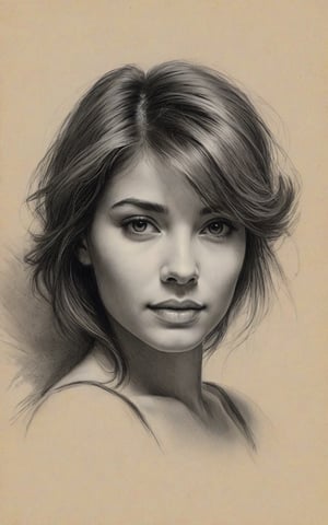 Charcoal Sketch: “A delicate portrait of a beautiful woman with wispy hair and soft features, her gaze captivating as it’s rendered in bold, sweeping strokes of charcoal on textured paper.,artint