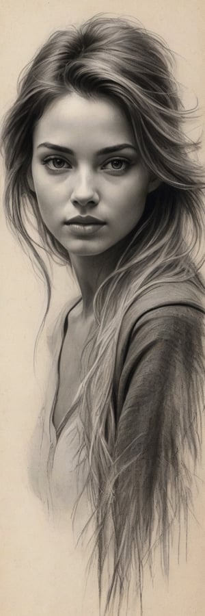 Charcoal Sketch: “A delicate portrait of a beautiful woman with wispy hair and soft features, her gaze captivating as it’s rendered in bold, sweeping strokes of charcoal on textured paper.,artint