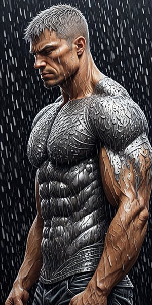  a muscular man, zentangle silver skin, short hair, upperbody, heavy rain, detailed painting, epic comic book art,  intricate and intense oil paint, perfect anatomy, side view,dripping paint,Leonardo Style