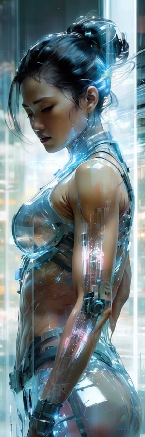 Cyborg woman Moa Kikuchi, transparent body, fractured, muscles torn, captured in a digital painting  styles of Jeremy Mann, transparent cinematic hologram, internal glow showcasing muscle tissue, nerves, resembling a gynoid with the whimsy of Samurai and mythical charm, Makoto Shinkai's layer of depth
,crystal_clear