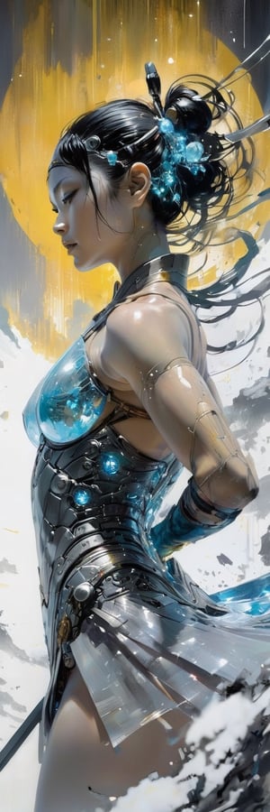 Cyborg woman Moa Kikuchi, body 500% transparent, fractured, muscles torn, captured in a digital painting blending styles of Jeremy Mann, Robert Oxley, Luis Royo, Mecole-influenced transparent cinematic hologram, internal glow showcasing muscle tissue, nerves, resembling a gynoid with the whimsy of Samurai and mythical charm, Makoto Shinkai's layer of depth

,crystal_clear,SelectiveColorStyle,art_booster