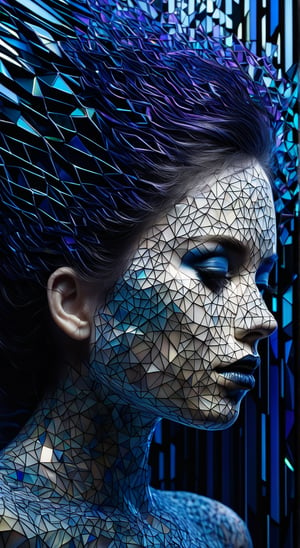 TranslucentGeometry, woman, flowing hair and skin resembling shattered black glass interwoven with geometric patterns, reflecting a complex interplay of colorful abstract and real elements of her surroundings. This stark, monochromatic palette is enriched with bursts of iridescent colors—vivid blues, purples, and greens—that highlight her introspective and poignant expression. Beneath her translucent skin, the skeletal structures incorporate geometric forms, adding an intricate layer of design and delving into themes of identity and self-perception. Rendered in 4K 3D, the focus is on the dark, fragmented texture intertwined with precise geometric lines and dramatic lighting that casts deep, structured shadows interplayed with colorful light reflections, creating an enigmatic and intense atmosphere. Integrate elements of fine white and silver particles forming crystalline shapes across her body, with light and shadows dynamically interacting within the geometrically fragmented form. Artistic motifs include a swirling vortex with angular edges, cosmic waves rendered in sapphire tones with vector-style graphics, and ethereal Yarn DNA structures resembling a sequence of interconnected polygons against a backdrop of a stark, minimalist white wall. Above her, the sky melds surreal cracks with a structured, grid-like pattern, illuminated by a twilight sunset that casts a spectrum of chromatic hues, enhancing the blend of surrealism and structured reality.