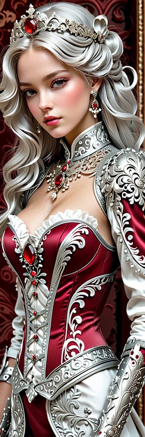 An ornate automatonupperbody, girl 19 yo, baroque embellishments, delicate filigree, silver and crimson accents, high-resolution, regal mechanical complexity, intricate silver textures.