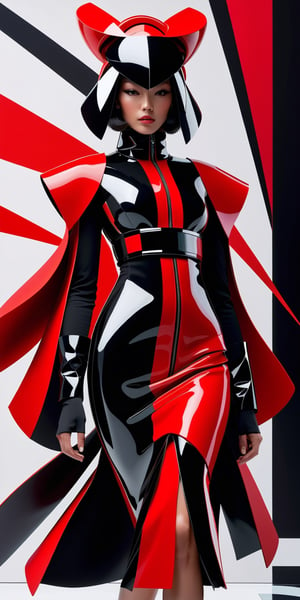 This fashion piece is where traditional Japanese aesthetics meet the futuristic vision of Metabolism, creating a bold statement of adaptability and change.woman, Art inspired by [Kenzo Tange | Kisho Kurokawa | Fumihiko Maki | Arata Isozaki | Hiroshi Hara | Toyo Ito] in the style of (futuristic, modular, bold colors, organic, adaptable, red and black palette, innovative, dynamic, structural, artistic, modern, bold, unique, sophisticated, visionary, chic, impactful, expressive, sleek, creative).