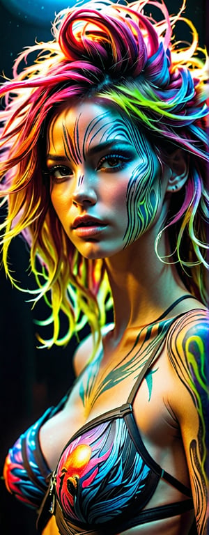 xtraterrastrial ultra brutal cosmic badass, magazine cover photostudio shot, ultra wide angle, energy, full height, alien planet, Carne Griffiths, Ralph Horsley, facepaint, beautiful hair, beautiful hairstyle, chiaroscuro, cinematic light, rim light, ambient light, neon light, ultra high textured, ultra high quality