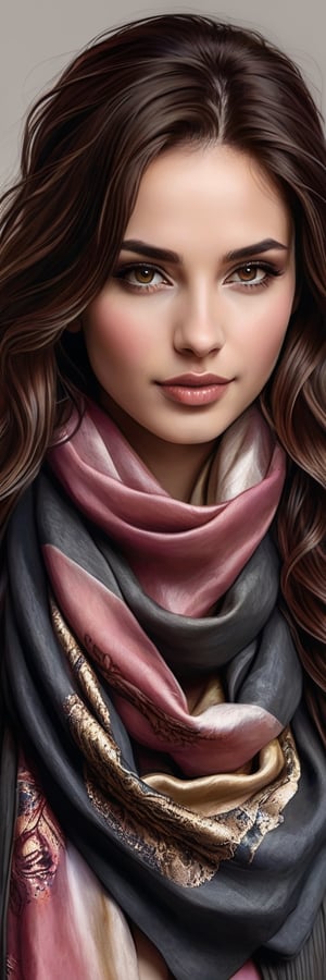 Hyper realistic image of a 25-year-old Mediterranean beauty, her dark chestnut hair flowing freely, adorned with a slender silk scarf. Her deep hazel eyes are highlighted by subtle smoky makeup, and her full, rose-tinted lips part slightly in a whisper of a smile. The portrait captures her in a minimalist style, with bold charcoal lines and splashes of watercolor in earthy tones