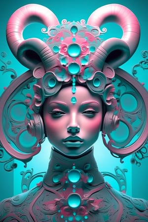 Aries zodiac girl in Brian Despain style, front view, symmetry dominating the frame, complex intricacies, soft abstract dark cyan blur in the background, palette of white, pink, cyan reflections, ultra-realistic with minimalistic traits, dramatic lighting, ultra fine.