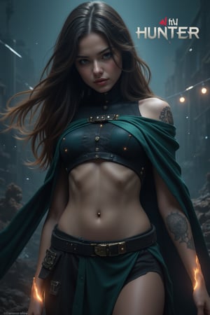 city fantasy game, 1girl 18 y.o ,  detailed skin texture,  (goosebumps:1),  textured skin,  realistic dull skin noise,  visible skin detail,  skin fuzz,    torn clothes,  (random cloak over body),  glowing,  (tattoo on body),  rim lighting,  vibrant details,  hyper-realistic,  hand,  facial muscles,  elegant,  super detailed,  super realistic,  concept portrait, The text in the poster has content: HUNTER, 