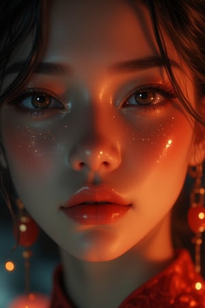 A close-up of a woman's face in an Oriental aesthetic, exuding glossy and glittery allure, illuminated by dim sunlight at night. Her features are delicately captured, with soft, warm lighting enhancing her glossy skin and sparkling eyes. The scene is framed with delicate ink strokes, focusing on her expressive face. The composition centers on the woman's face, with the dim sunlight adding a serene and mysterious atmosphere to the nighttime setting.