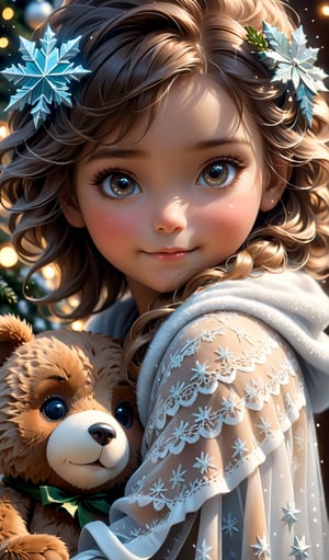 close eyes, A Ultra realistic, cinematic expression, a stunningly portrait, Cute and adorable christmas child hugging a christmas teddy bear, sweet expression, innocence, tender smile,  long messy hair, dynamic,  hoarfrost metal lace, christmas theme,  fantasy,  sunlight,  sunbeam, intricate detail,  12k,  front,  cover,  unzoom,  hyperdetailed painting,  luminism,  Bar lighting,  complex,  4k resolution concept art portrait by Greg Rutkowski,  Artgerm,  WLOP,  Alphonse Mucha,  little fusion pojatti realistic,  fractal isometrics details bioluminescens : a stunning realistic photograph, dynamic movement.