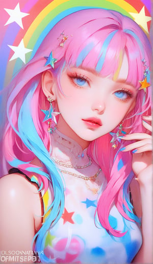 1girl, solo, long hair, looking at viewer, blue eyes, jewelry, blue hair, upper body, pink hair, multicolored hair, earrings, sleeveless, star \(symbol\), lips, watermark, multicolored clothes, colorful, rainbow hair