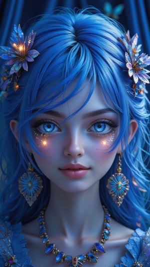 1girl, solo, long hair, looking at the audience, blue hair, hair accessories, blue eyes (three light spots with lights), jewelry, smile, earrings, moles, lips, eyelashes, makeup, bugs, curtains, gems, butterfly,portrait,blue lips,blue theme,Midjourney_Whisper,by adrr-zllj,landscape,Made of adrr-zllj