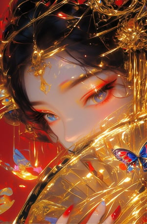 A close-up digital illustration of an anime-style character, showcasing an ethereal and mystical atmosphere. The central focus is on her face, with striking heterochromia - one eye is blue, while the other is pinkish-red. Her left eye has a deep blue iris surrounded by intense red eyeliner and mascara, while her right eye features a sparkling pink pupil framed by similar makeup. She has dark hair styled in an elaborate traditional Japanese updo adorned with intricate golden accessories, including kanzashi (hair ornaments), tassels, and decorative hairpins. The ornaments are embellished with vibrant red flowers, gold-colored metal elements, and small beads arranged in braids. The character wears a red garment with golden accents, creating a rich and luxurious backdrop. She holds a large, ornate fan with both hands, its surface decorated with intricate gold patterns, red, blue, and navy designs. The fan's edges are outlined with thin, reflective metallic borders, adding to its opulence. Her nails are painted a glossy crimson red, contrasting beautifully with her pale skin. Surrounding her are several butterflies, each uniquely colored in shades of blue and purple, adding a fantastical element to the scene. The background is filled with a bright red fabric featuring dynamic yellow floral motifs, enhancing the regal and mystical ambiance. Dramatic lighting casts shadows and highlights across her face, emphasizing the textures and details of her attire and accessories. Golden light reflects off the fan, creating a glowing effect that contrasts with the darker tones of her hair and clothing. This high-contrast composition creates a captivating visual experience, blending traditional Japanese aesthetics with fantastical elements, style raw, stylize 400, niji 6