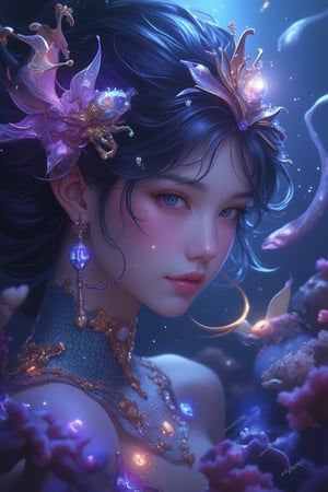 A magical surreal Niji style artwork, featuring a close-up of a mermaid, illuminated by blue, purple, and gold hues. The scene is set in a fantastical underwater world, with whimsical sea creatures and vibrant coral reefs in the background. The mermaid's face is prominently displayed, her eyes and features highlighted with blue, purple, and gold accents, creating a dynamic and enchanting composition. The lighting is surreal, with blue, purple, and gold tones casting a dreamlike and mystical atmosphere.