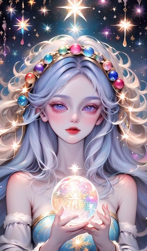 A mesmerizing and dreamlike illustration of a celestial christmas goddess surrounded by shimmering stars and cosmic energy. This artwork embodies grace and divinity, multicolor crystal christmas balls, glowing christmas lights, with intricate details and a celestial color palette. Perfect for spiritual and fantasy-themed wall art, book covers, and mystical merchandise. Illustrated by Daniel Merriam and Kinuko, cinematic movement, dynamic Y. Craft., sdsf