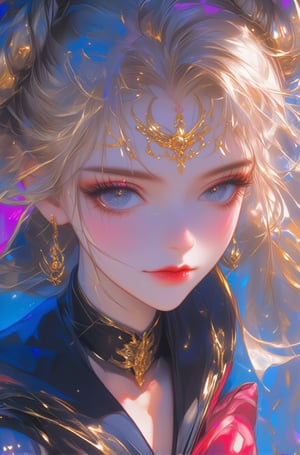 A close-up digital illustration of Sailor Moon, rendered in a 3D anime style with intricate details. The character's face is centered, capturing a serene yet determined expression as she gazes slightly to her left. Her large, expressive blue eyes are accentuated by long eyelashes and surrounded by soft pink blush on her pale skin. Her lips are slightly parted, revealing a subtle gloss. She has flowing pale blonde hair styled in twin buns with delicate strands framing her face and cascading down her back. A golden crescent-shaped headpiece adorns her forehead, featuring intricate designs with a central moon symbol flanked by star-like elements. Large circular earrings with moon-shaped pendants complement her attire. Her outfit includes a black sailor suit with glossy reflections and deep red accents, partially visible beneath her cloak. A prominent pink bow adorns the chest area. The background features a dreamy bokeh effect with various colors including blue, pink, purple, and white, resembling lights or stars, creating a cosmic atmosphere.  At the bottom left, there is descriptive text titled 'Prompt:' followed by a detailed description of the artwork. In the bottom right corner, there is attribution text that reads 'By 萄是AI摸鱼'. The lighting is soft and diffused, coming from the front-left side, casting gentle shadows and highlighting the character's facial features and accessories while creating an ethereal glow around her hair and face.