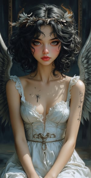 https://s.mj.run/Zav3VKZvskE Black hair, white dress, silver wings, dark background, black light point effect, white curly girl with bright eyes and red lips, angelic face, white ruffled skirt, fantasy art style, exquisite facial feature depiction, angel halo, dark light painting, close-up, half-length photo, watercolor thick painting, stylize 250, niji 6