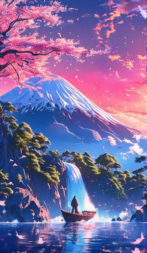 style of studio ghibli of a rocky mountainside with a japanese tree of life, Fuji mount in the back in day light, wide waterfall from the top, cherry blossoms, sakura trees, forest, crescent, japanese fantasy style, starry night, vaporwave art, fantasy style, fisherman fishing in a boat, colorful, bright colors art, aqua and aquamarine colors in style and anime pink aesthetics, birds, gradient colors, japanese landscape, brghit gradent, bright sun, cloudy sky, ship in the lake, reflection on water, vaporwave, vapor, spring season, lofi gradient color, vibrant colors, japanese day light anime, , 8k, leaves falling, in colorful colors, anime aesthetic, light blue, japan, pink aesthetic, aqua and aquamarine, vaporwave, japanese style, lofi, pastel