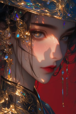 A close-up digital painting of a woman's face, rendered in an elegant and luxurious style with exquisite attention to detail. Her fair skin is illuminated by soft lighting, highlighting her half-hidden face. The right side of her face is partially obscured by a dark blue-black fan adorned with intricate gold designs and iridescent blue, green, and purple gemstones that catch and reflect light. Her eye is heavily made up with shimmering golden eyeshadow extending beyond her outer corner, elaborate winged eyeliner, and mascara emphasizing her dark gray eyes. The makeup extends into delicate golden filigree patterns around her eye, extending to her temple. A striking gold ornament resembling baroque-style scrollwork or floral motifs is placed on her cheekbone near the eye, reflecting light beautifully. She wears large, ornate chandelier earrings featuring a central teardrop-shaped gem surrounded by smaller clear stones, suspended by delicate gold chains ending in small star-shaped ornaments. The left ear displays a similar gold filigree design. Her hair is styled in loose waves, blending softly into the background. She has on a black garment with high collar, decorated with elaborate gold embroidery and intricate feather-like patterns. Small blue gems are embedded within the gold, adding sparkle to the design. The fingers are long and tapered, adorned with a matching gold ring on the index finger. Her lips are painted a glossy red shade, slightly parted as if speaking or whispering. The background is a solid vibrant crimson red (#D32F0), which contrasts beautifully with the cool tones of the fan and enhances the overall luxurious feel of the image. The composition is tightly framed around her face and upper body, creating a sense of intimacy and opulence.