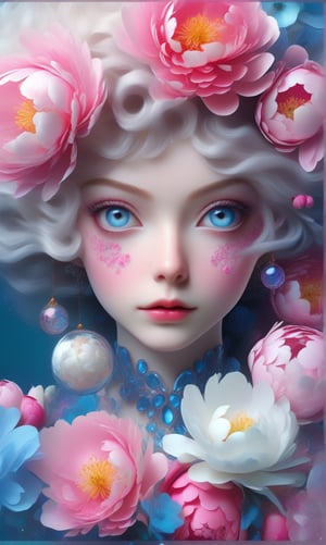 Intricate image of a Beautiful woman with flowy flowe-like hair, perfect blue eyes, pale matte skin.
work of beauty and complexity, peonies flower, glass ornament balls, hyperdetailed facial features, 8k UHD, close-up, alberto seveso style ,flat chested