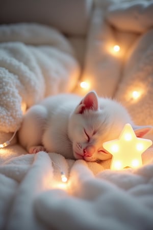 A peaceful scene featuring a baby kitten, softly sleeping on a cloud-like bed surrounded by twinkling fairy lights. The kitten has soft white fur, its tiny paws curled up near its face, creating an adorable and serene image. Next to the kitten is a glowing star-shaped nightlight, casting a gentle, warm glow over the cozy bedding. The entire scene feels calm and dreamy, with soft, fluffy blankets and delicate lighting enhancing the magical, peaceful atmosphere. The kitten’s relaxed posture and the soft glow of the lights create a sense of warmth and comfort, making the scene feel like a cozy dream world filled with tranquility and innocence