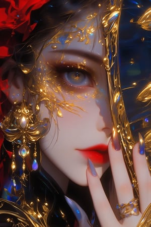 A close-up digital painting of a woman's face, rendered in an elegant and luxurious style with exquisite attention to detail. Her fair skin is illuminated by soft lighting, highlighting her half-hidden face. The right side of her face is partially obscured by a dark blue-black fan adorned with intricate gold designs and iridescent blue, green, and purple gemstones that catch and reflect light. Her eye is heavily made up with shimmering golden eyeshadow extending beyond her outer corner, elaborate winged eyeliner, and mascara emphasizing her dark gray eyes. The makeup extends into delicate golden filigree patterns around her eye, extending to her temple. A striking gold ornament resembling baroque-style scrollwork or floral motifs is placed on her cheekbone near the eye, reflecting light beautifully. She wears large, ornate chandelier earrings featuring a central teardrop-shaped gem surrounded by smaller clear stones, suspended by delicate gold chains ending in small star-shaped ornaments. The left ear displays a similar gold filigree design. Her hair is styled in loose waves, blending softly into the background. She has on a black garment with high collar, decorated with elaborate gold embroidery and intricate feather-like patterns. Small blue gems are embedded within the gold, adding sparkle to the design. The fingers are long and tapered, adorned with a matching gold ring on the index finger. Her lips are painted a glossy red shade, slightly parted as if speaking or whispering. The background is a solid vibrant crimson red (#D32F0), which contrasts beautifully with the cool tones of the fan and enhances the overall luxurious feel of the image. The composition is tightly framed around her face and upper body, creating a sense of intimacy and opulence.