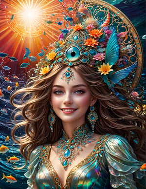 symphony ,beautiful female enjoying music ,((Vibrant depictions of sound wawes)),((Musical symbols )), waves forming music notes, colorful marine creatures, symphony, smiling, symphony of waves, sea melodies, surrounded  by waves forming intricate sonic patterns, wide angle, vivid colors, 8k, inspired by Michael Cheval, beautiful eyes, perfect hands, beautiful face + symmetrical face,  highly detailed, intricate complexity, juxtaposing, epic composition, magical atmosphere + masterpiece, perfect hands+five fingers hands, (intricate detail), (super detailed), 8k hdr, high detailed, soft cinematic lighting, atmospheric perspective,ray tracing, underwater world background,ray tracing, perfec teyes, 8K, Film Poster, Her iridescent scales shimmer with a pearlescent glow, reflecting the gentle caress of sunlight filtering down from above, perfecteyes,absurdity, Magical Fantasy style