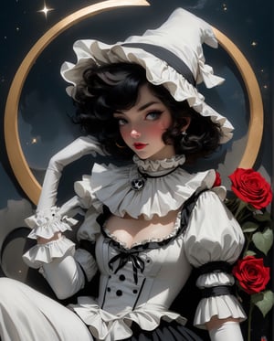 beautiful French girl Pierrot hanging a rose; sitting on a crescent moon, sweet and cinematic expression, dynamic poses, large white ruffle collar, french pierrot makeup and a single black teardrop drawn below the eye, hyperdetailed, mirano fujita style, 4K 64 megapixels 8K resolution HDR, shiny, Epic Masterpiece, sci-fi_futuristic_shroompunk