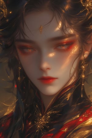 Anime-style close-up of a handsome man in a shaman-style outfit, wearing black, gold, and maroon, in a magical realism aesthetic. The scene is vibrant and detailed, with soft lighting that highlights the intricate details of the outfit and the man's expressive eyes. The composition focuses on his face and the ethereal outfit, capturing the blend of realism and fantasy in the Niji style.