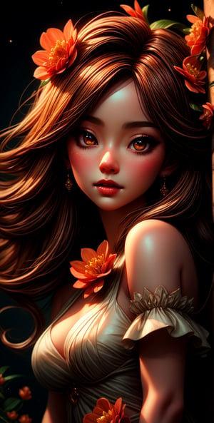 ((rossdraws style)), portrait of a woman with orange flowers in her hair, digital art, by Russell Dongjun Lu, fantasy art, artdoll, edgar maxence and ross tran, beautiful pink little alien girl, extremely detailed artgerm, sakimichan frank franzzeta, covered in coral, luts, 16K,Moonlight_Flower