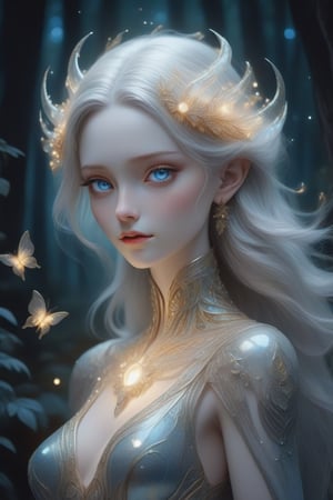 a woman dressed in crystal attire, light gray and light gold style, vibrant illustrations, soft and rounded sculptures, realistic detailed portraits, white and amber, vibrant blue eyes with a calm and gentle appearance, background of a full moon, forest with fireflies