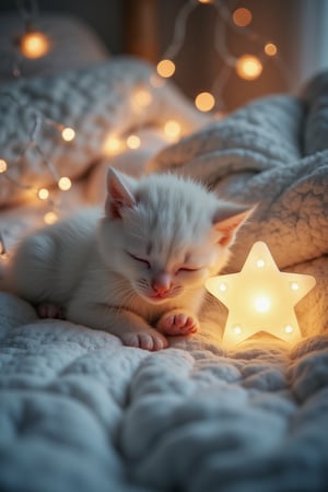 A peaceful scene featuring a baby kitten, softly sleeping on a cloud-like bed surrounded by twinkling fairy lights. The kitten has soft white fur, its tiny paws curled up near its face, creating an adorable and serene image. Next to the kitten is a glowing star-shaped nightlight, casting a gentle, warm glow over the cozy bedding. The entire scene feels calm and dreamy, with soft, fluffy blankets and delicate lighting enhancing the magical, peaceful atmosphere. The kitten’s relaxed posture and the soft glow of the lights create a sense of warmth and comfort, making the scene feel like a cozy dream world filled with tranquility and innocence