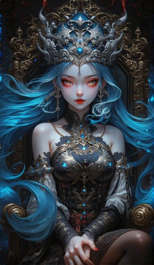 (masterpiece), (best quality), illustration, ultra detailed, hdr, Depth of field, (colorful), loli,a girl ,solo,bare shoulders,flat_chst,diamond and glaring eyes,beautiful detailed cold face,very long blue and sliver hair,floaing black feathers,wavy hair,black and white sleeves,gold and sliver fringes,a (blackhole) behind the girl,a silver triple crown inlaid with obsidian,(sit) on the black ((throne)), (depth) of (field) 