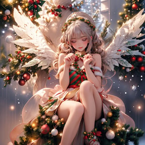 (Christmas mood1.4) 4 girls, singer christmas songs, christmas carols, Santa Claus dress, Garden Sprite in Pastel Harmony, (dynamic tree pose:1.3), Jumpsuit with oversized angel wings in pastel colors, Playful ruffles and layers for a whimsical touch, Cinched waist for a flattering silhouette, Flower-adorned garland worn as a crown, Ribbons intertwined with braided hair, Lace-up sandals or ballet flats with ribbon ties, Dewy makeup with pastel eyeshadows, Glitter or flower petal accents on cheeks, Pastel-colored nail polish for a finishing touch, snowflakes in the air, (main theme is a large christmas fir tree:1.4), (Christmas trick art:1.3), masterpiece