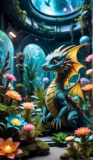 Dragon and the Space Garden In the center of a space station's biodome, a baby dragon tends to an alien garden filled with bioluminescent plants and flowers. The plants' soft glow illuminates the dragon's scales, creating a serene and magical scene.
