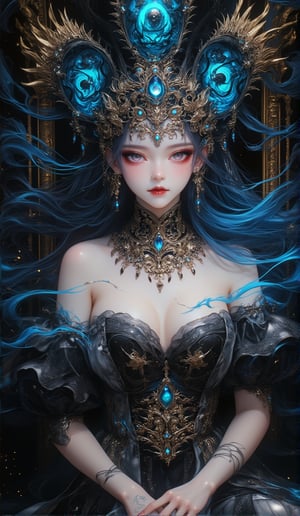 (masterpiece), (best quality), close-up, illustration, ultra detailed, hdr, Depth of field, (colorful), loli,a girl ,solo,bare shoulders,flat_chst,diamond and glaring eyes,beautiful detailed cold face,very long blue and sliver hair,floaing black feathers,wavy hair,black and white sleeves,gold and sliver fringes,a (blackhole) behind the girl,a silver triple crown inlaid with obsidian,(sit) on the black ((throne)), (depth) of (field) 