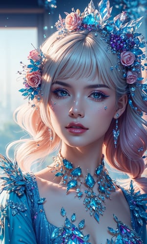 extremely detailed illustration of gorgeous woman wearing haute couture, stylish, backlit, highly illuminated, colorful crystal, awesome hair, closeup, visually rich, raytraced, whimsical, JRPG, enchanting, emotionally evocative, detailed environment, fantastical, imaginative, visually rich, atmospheric, zoomed, flat lighting, 2d, cartoon, vector, rocks, flowers, dynamic pose,DeepJourney,glitter,shiny