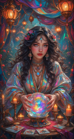 Charming Fortune Teller: A mystical fortune teller with long flowing robes and an array of colorful jewelry gazes into a crystal ball, surrounded by candles and tarot cards. Magical gaze, looking at the viewer. The background reveals a beautifully decorated tent filled with vivid fabrics and hanging lanterns that create a magical ambiance.Holographic rainbow. Color, Regal Fantasy Artgem