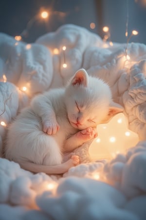 A peaceful scene featuring a baby kitten, softly sleeping on a cloud-like bed surrounded by twinkling fairy lights. The kitten has soft white fur, its tiny paws curled up near its face, creating an adorable and serene image. Next to the kitten is a glowing star-shaped nightlight, casting a gentle, warm glow over the cozy bedding. The entire scene feels calm and dreamy, with soft, fluffy blankets and delicate lighting enhancing the magical, peaceful atmosphere. The kitten’s relaxed posture and the soft glow of the lights create a sense of warmth and comfort, making the scene feel like a cozy dream world filled with tranquility and innocence